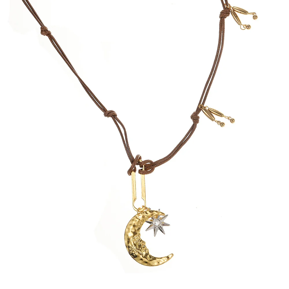 Retro-Boho-Stil, Nischendesign, modische Halbmond-Stern-Wachsseil-Halskette, verstellbare Accessoires für Damen, Schmuckgeschenke – Detail 8