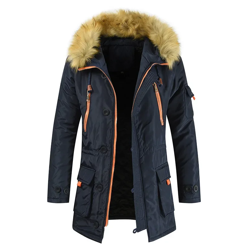 2023 Winter New Casual Men's Jacket Large Fur Collar Thickened Cotton-padded Jacket Couple Youth Medium Long Hooded Coat