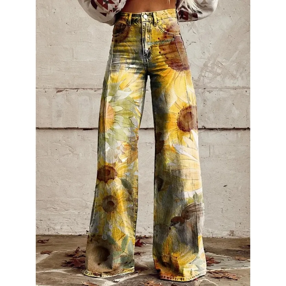 Damen Blaue Orientalische Pflaumenblüten-Druck Hose mit Hoher Taille und Weitem Bein Vintage Blumenmuster Y2K Ästhetik Lose Hose Retro Streetwear – Detail 9