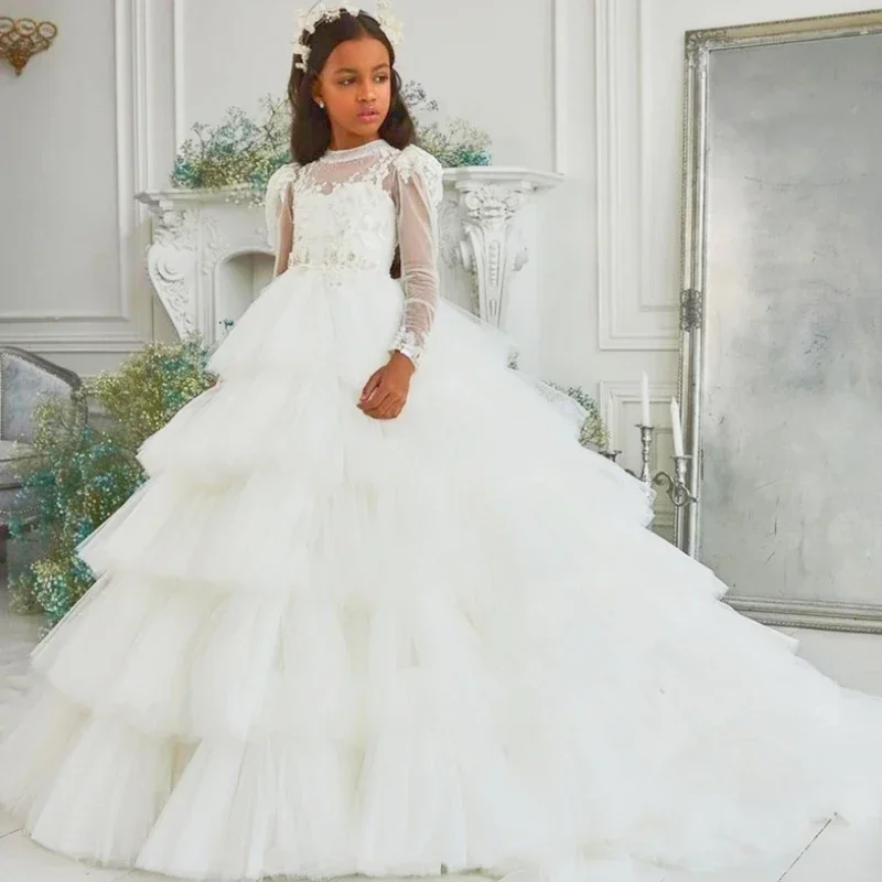 

Flower Girl Dress Puffy Tulle Lace Bow Girl Ball Gown Princess Wedding Party First Communion Dresses