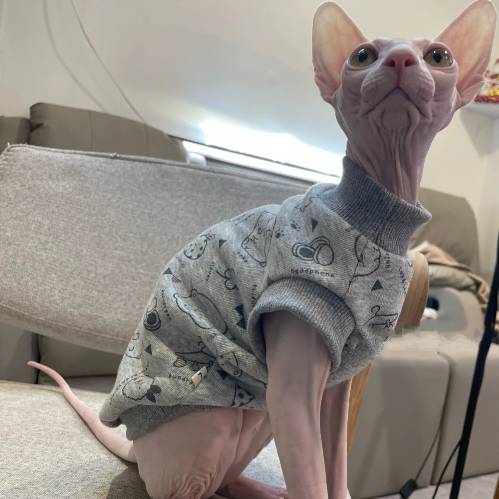 Warm Coat for Sphynx Cat in Winter Soft Grey Cartoon Sweatshirt for Kittens Dogs Cute Jumpsuit Spring for Devon Rex Cat Supplies