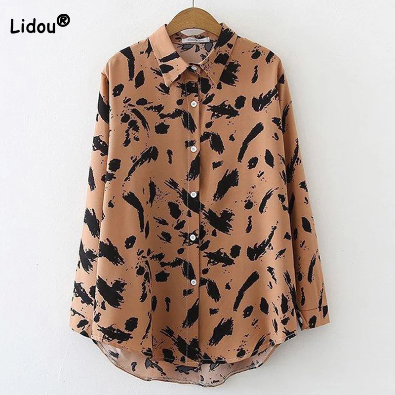 

Korean Spring Autumn Turn-down Collar Vintage Leopard Printing Long Sleeve Shirt Office Lady Single Breasted Women's Blouse