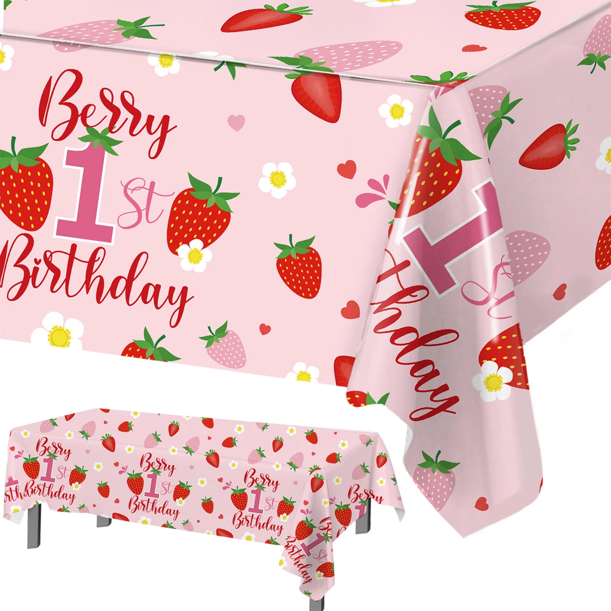 3pc Strawberry 1st Birthday Pink Tablecloth Happy Birthday Party Decorations Disposable Party Dining Table Cover Party Supplies