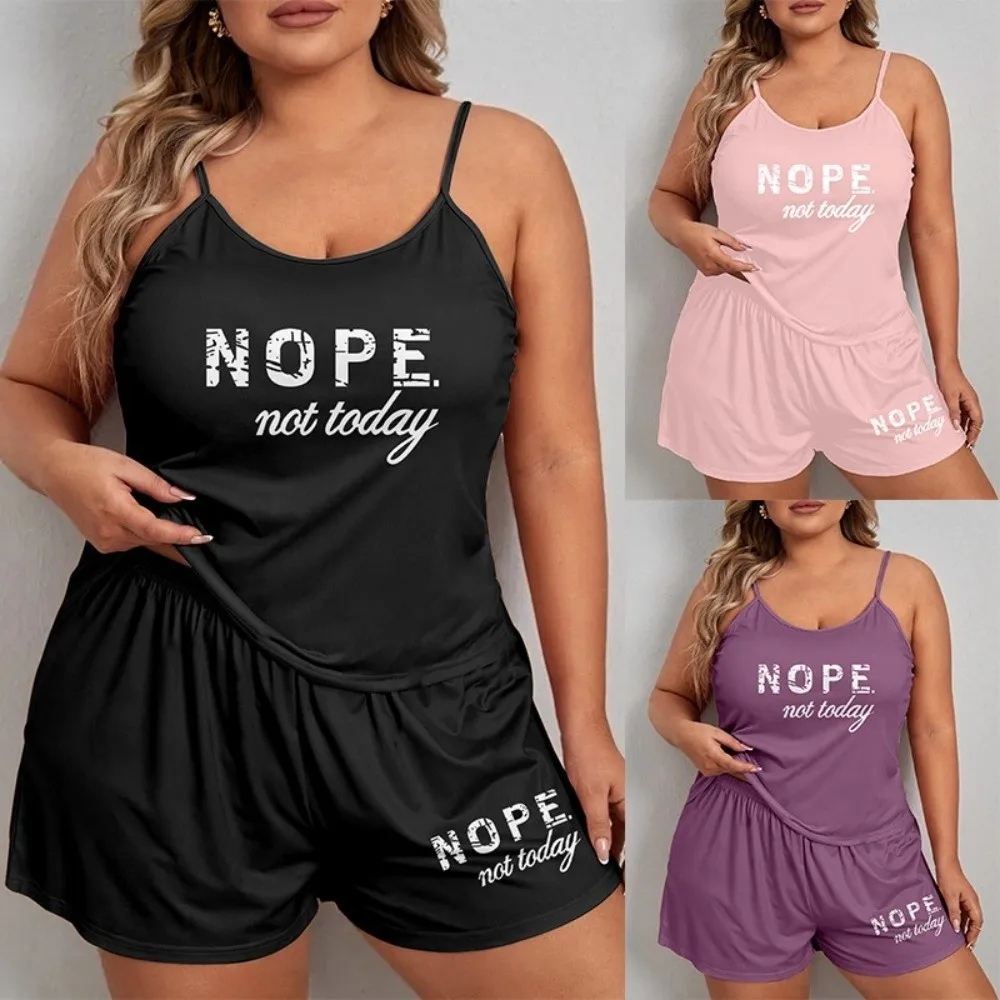 Ultra Soft Plus Size Pajama Set Oversized Letters Printed Cami Pajama Set Tank Top+Short Breathable Loose Sleepwear Set