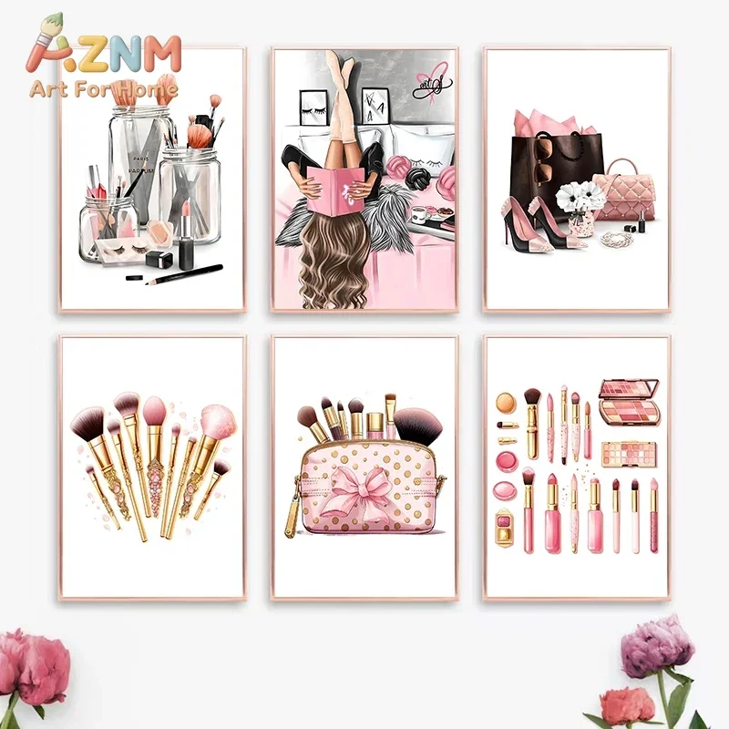 AZNM Pink Fashion Makeup Canvas Wall Art Cosmetics Lipstick Makeup Brushes Handbag High Heels Print Painting for Vanity Girls Be