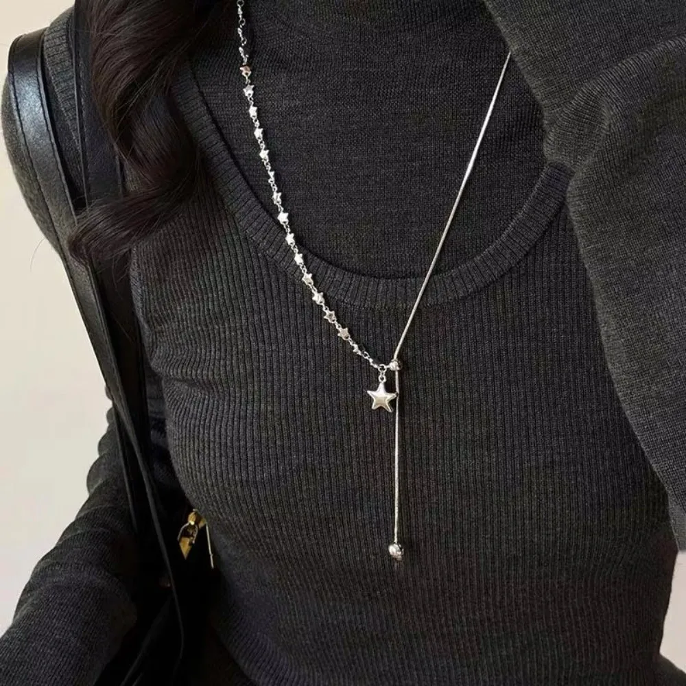 Fashion Silver Star Pendant Long Length Asymmetrical Design Snake Chain Pendant Style Tassel Detail Punk Fashion Unisex