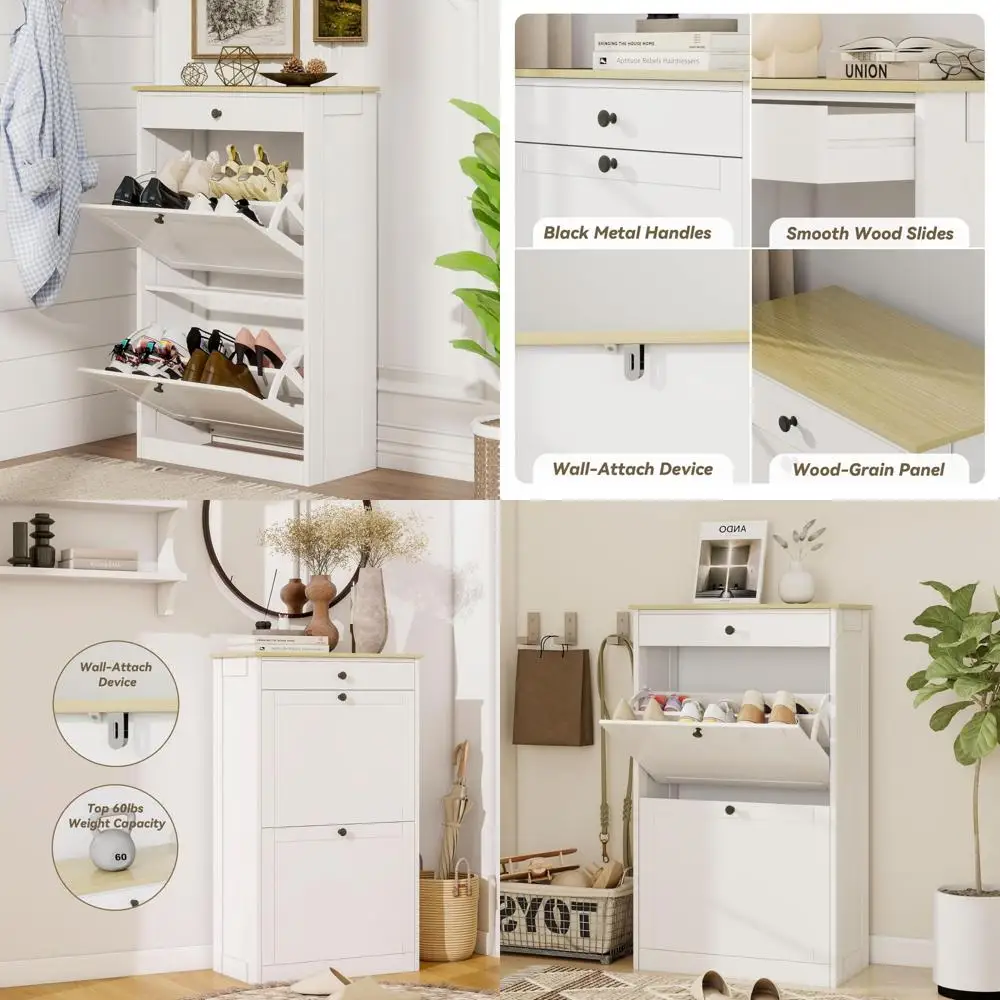 

Narrow Wooden Shoe Cabinet with 2 Flip Drawers, Slim Pet-Proof Storage Organizer for Entryway