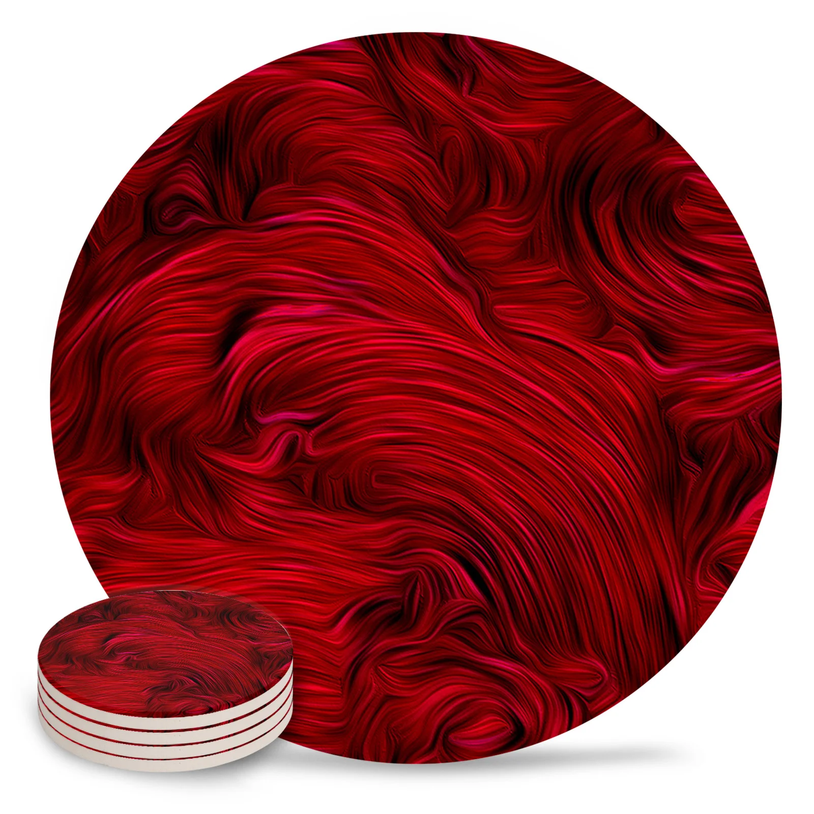 Red Abstract Texture Lines Ceramic Coaster Set Kitchen Table Round Placemat Luxury Decor Coffee Tea Cup Coasters