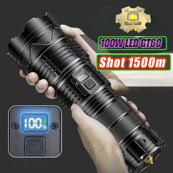 100W GT60 Powerful Led Flashlight Long Range Tactical Flashlight with Power Display Outdoor Camping USB Rechargeable Zoom Torch