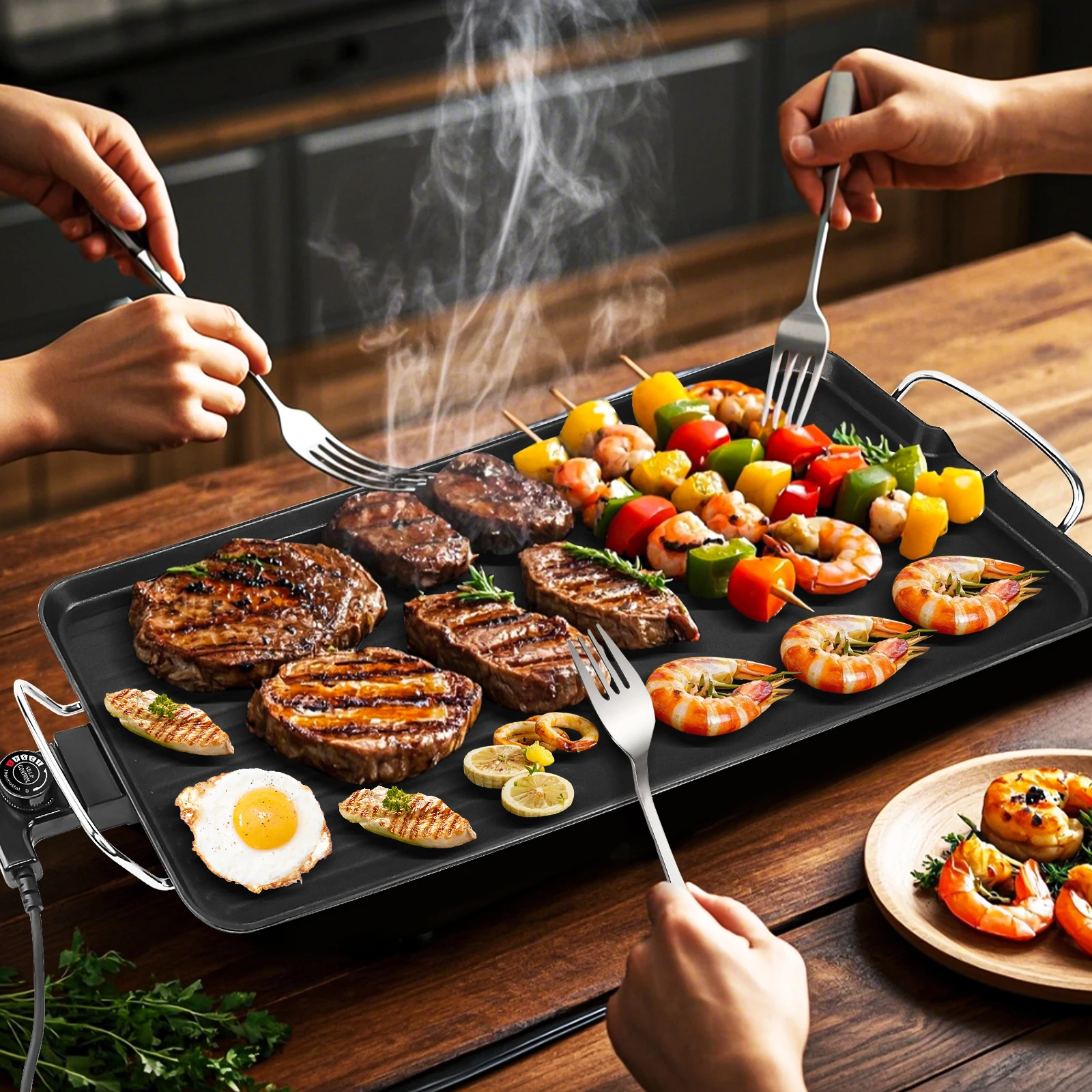 Extra großer, antihaftbeschichteter elektrischer Teppanyaki-Grill, 3-Gang-Tischplatte, Kochplatte, Grillplatte, Camping, drinnen und draußen, 73,5 x 28 x 7,5 cm