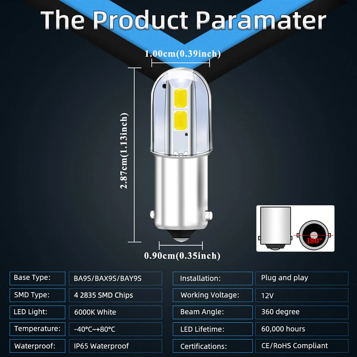 10PCS BA9S T4W LED Car Signal Lamps 4SMD  2835 Chips Automobile Interior Lighting Dome Map Reading Light 6000K White