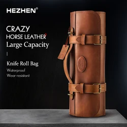 HEZHEN Knife Storage Bag Crazy Horse Leather Kitchen Knife Bag Portable and Durable Foldable Handheld Slung Chef's Roll Bag