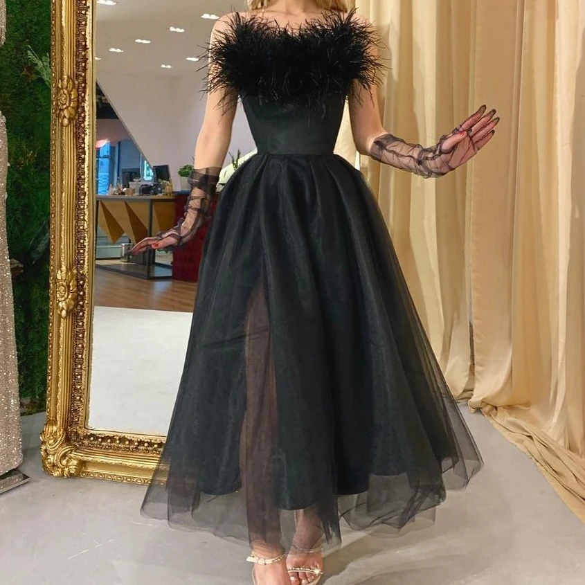 2022 Summer Women Feather Sexy Sling Evening Dress Party Club Elegant Ladies Gauze Sleeveless Vintage Balck Dresses Vestidos