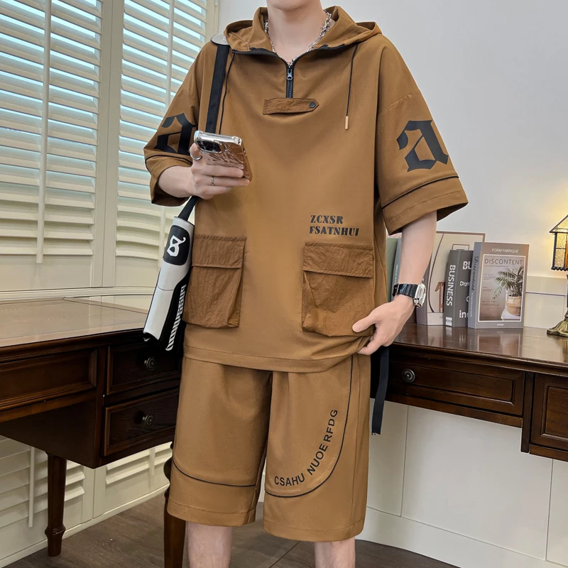 Nieuwe 2025 zomer herensets casual T-shirt en shorts broek 2-delige trainingspakken hiphop streetwear losse korte mouwen capuchon top tees