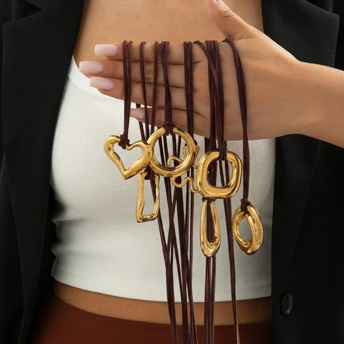Einfache Halskette mit hohlem Kreis-, Quadrat-, Herz- und Wassertropfen-Anhänger für Damen und Herren, Edelstahl, geometrisches Design, Lederband, Choker-Schmuck – Detail 34