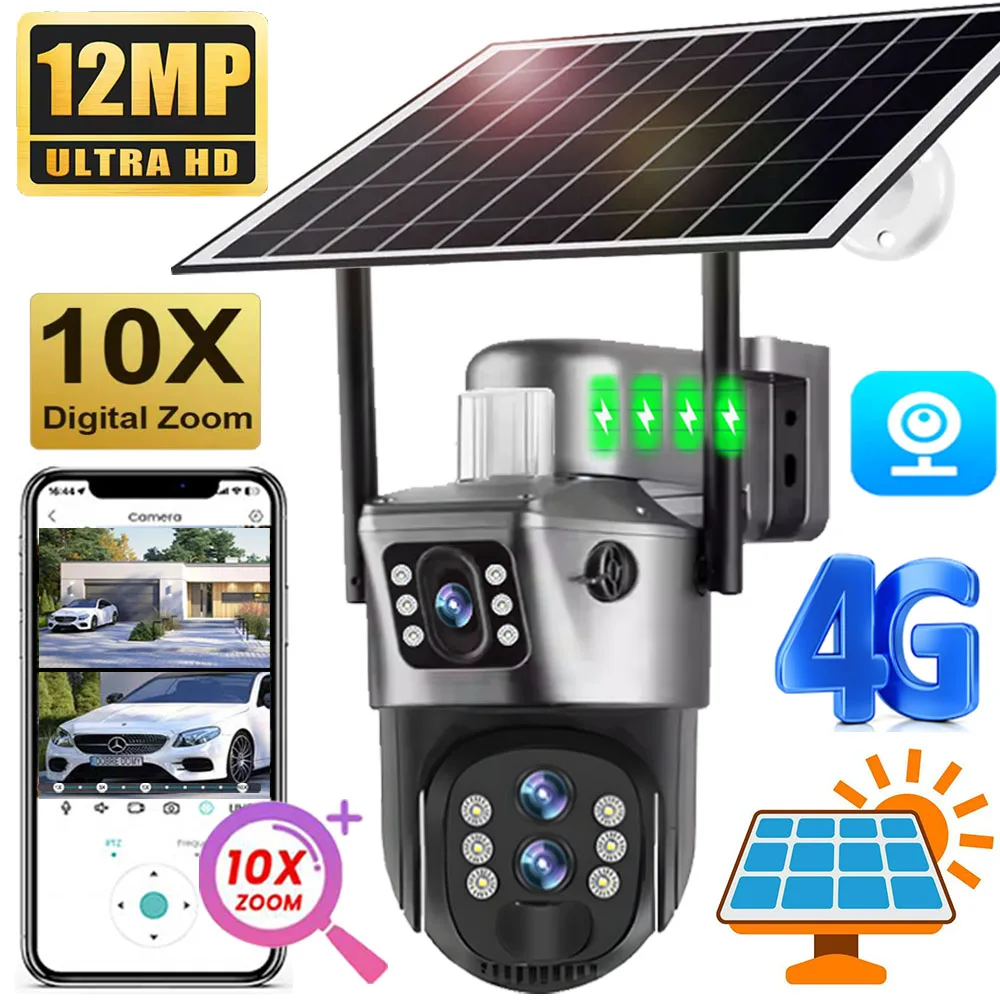 

12MP 10XZoom Solar Camera 4G Dual Screen Surveillance Outdoor 6K Three Lens PTZ Auto Tracking 360 CCTV Security Cameras V380 Cam