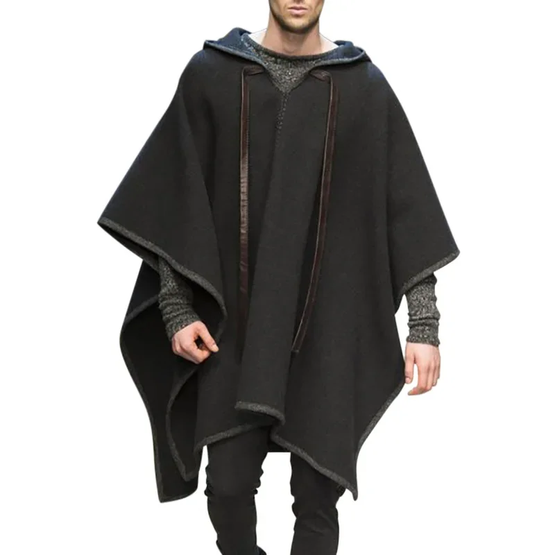 Fashion Men Cloak Coats Cape Woollen Hooded Jackets Solid Color Streetwear Autumn Winter Poncho Irregular S To XXXL Overcoat