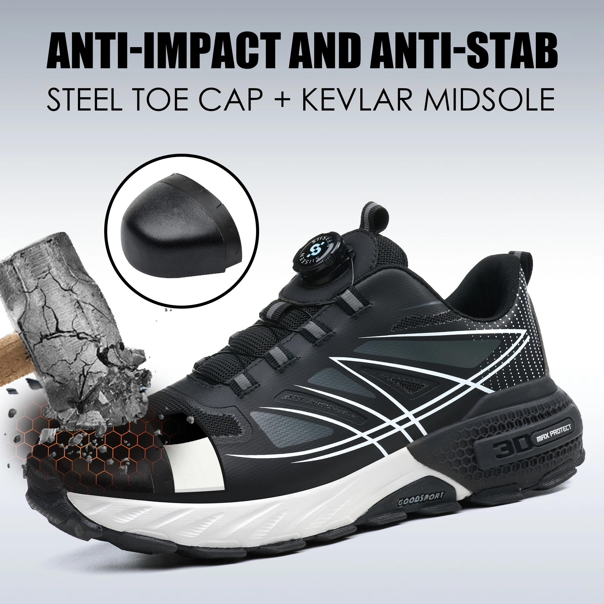 Men's Impact- and Puncture-Resistant, Breathable, Comfortable, and Lightweight Shoes with Durable Button Closure
