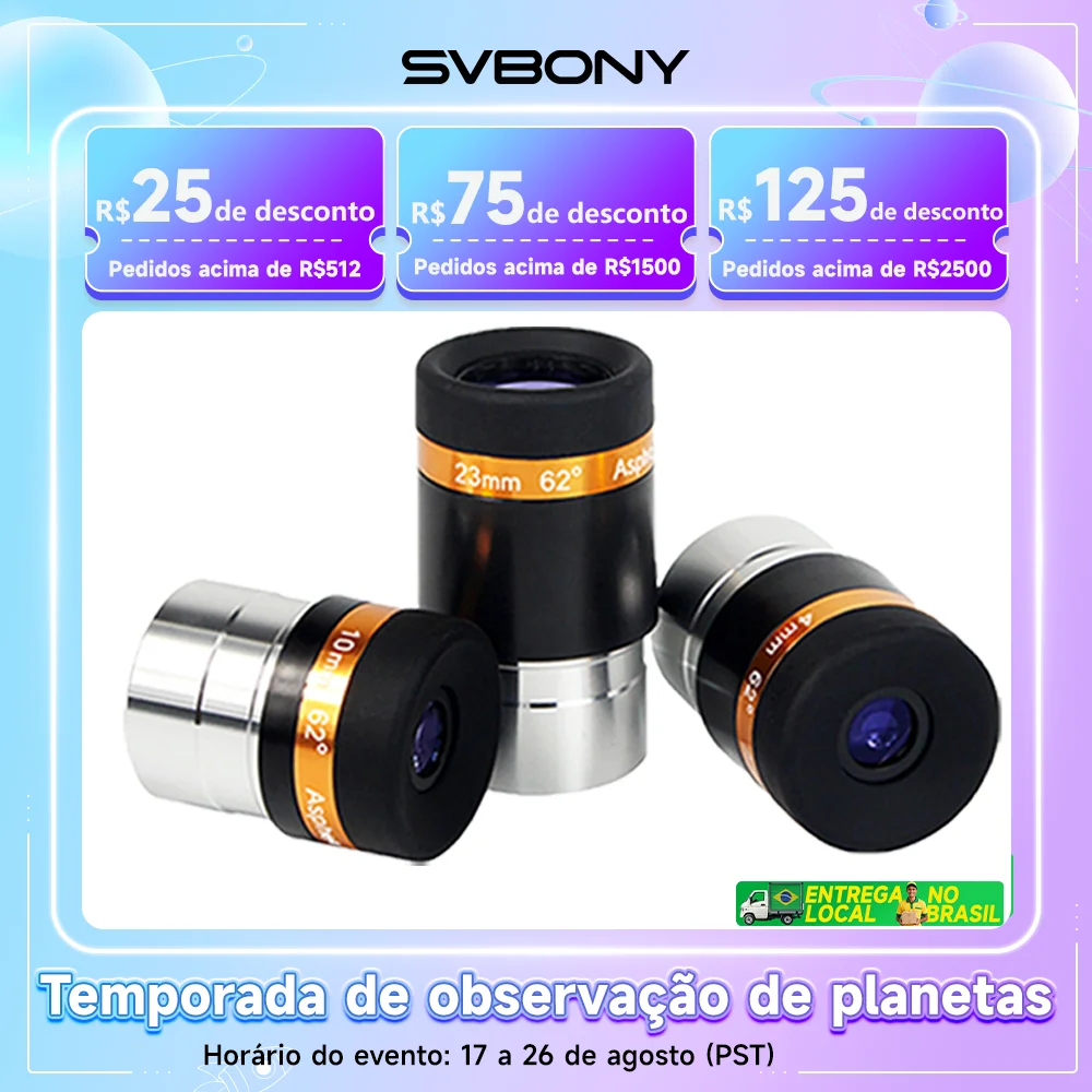 SVBONY Ocular Asférico 1.25" 62° - Kit com 3 Oculares