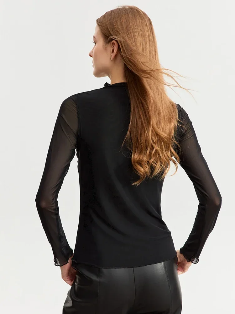 AMII Gedrukt Mesh T-shirt Voor Vrouwen Nieuwe 2025, Lente Slim-fit Basis Half Hoge Hals Hoge Stretch Basic gesplitste Tops Vrouwelijke 12343386