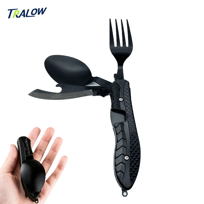

TRALOW Stainless Steel Folding Spoon Fork Knife Bottle Opener Detachable Multifunctional Folding Tableware for Backpack Hiking