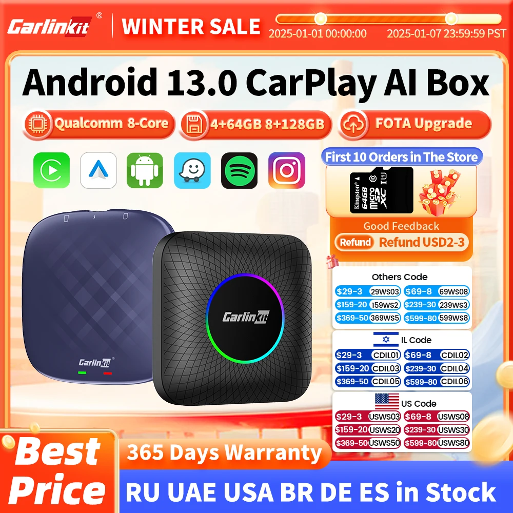 CarlinKit CarPlay Ai Box Android 13 Plus QCM6125 8-core Wireless Android Auto& CarPlay Car USB Adapter FOTA Upgrade For Netflix