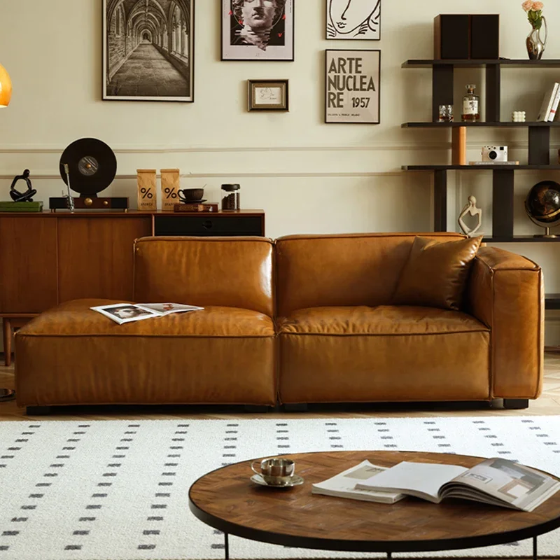 Retro oil wax leather sofa living room small apartment modern simple French caramel color corner tofu block leather sofa