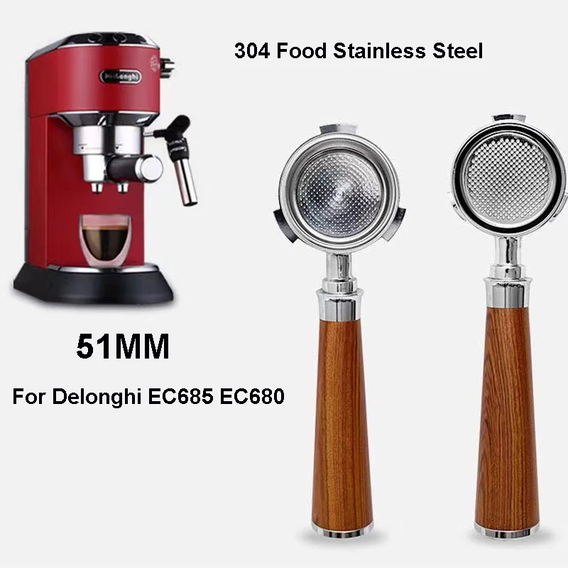 Portafiltro sin fondo para café, 51mm, 3 orejas, mango de madera para Delonghi Dedica ec680 ec685, cesta de filtro de repuesto, Barista
