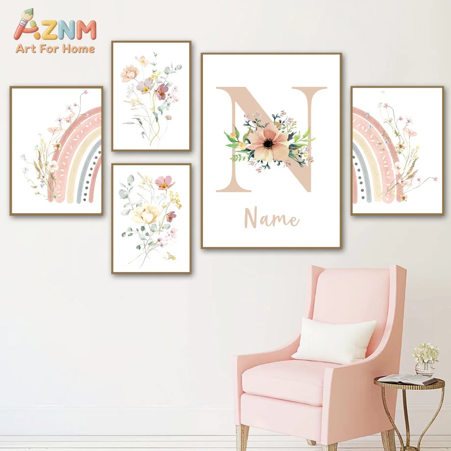 AZNM Frameless Canvas Poster Watercolor Wildflower Pastel Rainbow Letter Print, Soft Floral Boho Wall Art Picture for Baby Girl