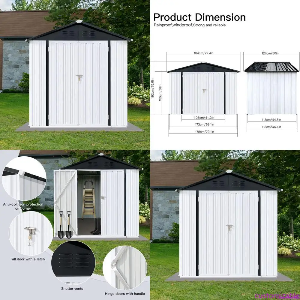 سلال تخزين معدنية خارجية: سقف مقاوم للماء بطول 4 × 6 أقدام مع تصميم قمة وأبواب قابلة للقفل لاستخدام الحديقة