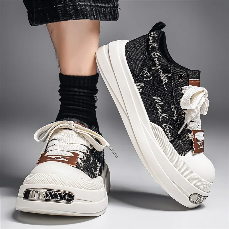 Men Thick Platform Canvas Sneakers Retro Wide Toe Lace Up Board Shoe Breathable Casual Elevated Footwear for All Seasons Zapatos