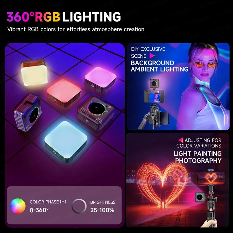 RGB LED Selfie Light Phone Fill Light 3 Modes Dimmable Light Rechargeable Portable Video Light for Vlog Video Conference