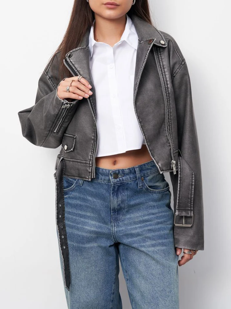 Ailegogo New Streetwear Women Retro Short Pu Faux Leather Jacket Vintage Female Spring Autumn Zipper Belt Coat Outwear