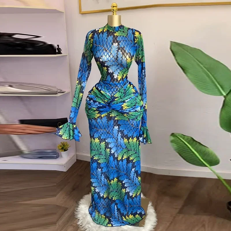 Damska sukienka bodycon z długim rękawem, wzorem liści, warstwowa, długa, na jesień 2025, wieczorowa, urodzinowa, na imprezę, seksowne sukienki, vestidos.