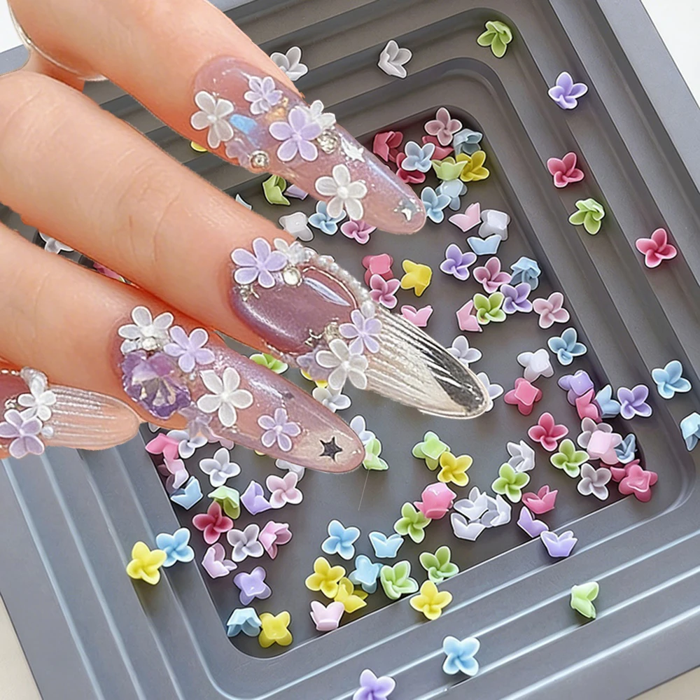 50Pcs Mini Colorful 5-Petal Flower Nail Charms Candy Color Floral Nail Art Craft Mixed Pastel Colors 3D Flower Manicure Decor
