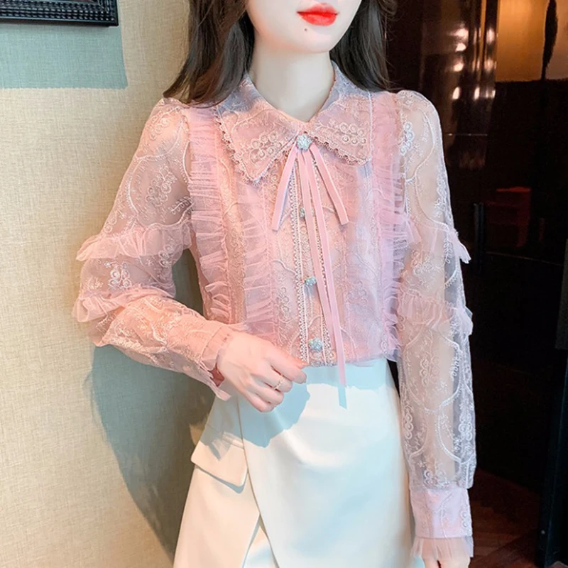 Pink Shirt Women 2023 Fall New French Puff Sleeves Luxury Heavy Industry Stand Collar Lace Embroidery Women Clothing