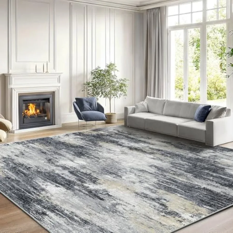 

Modern abstract area rug with nonslip backing and short pile for living room bedroom and dining room; large washable rug with a