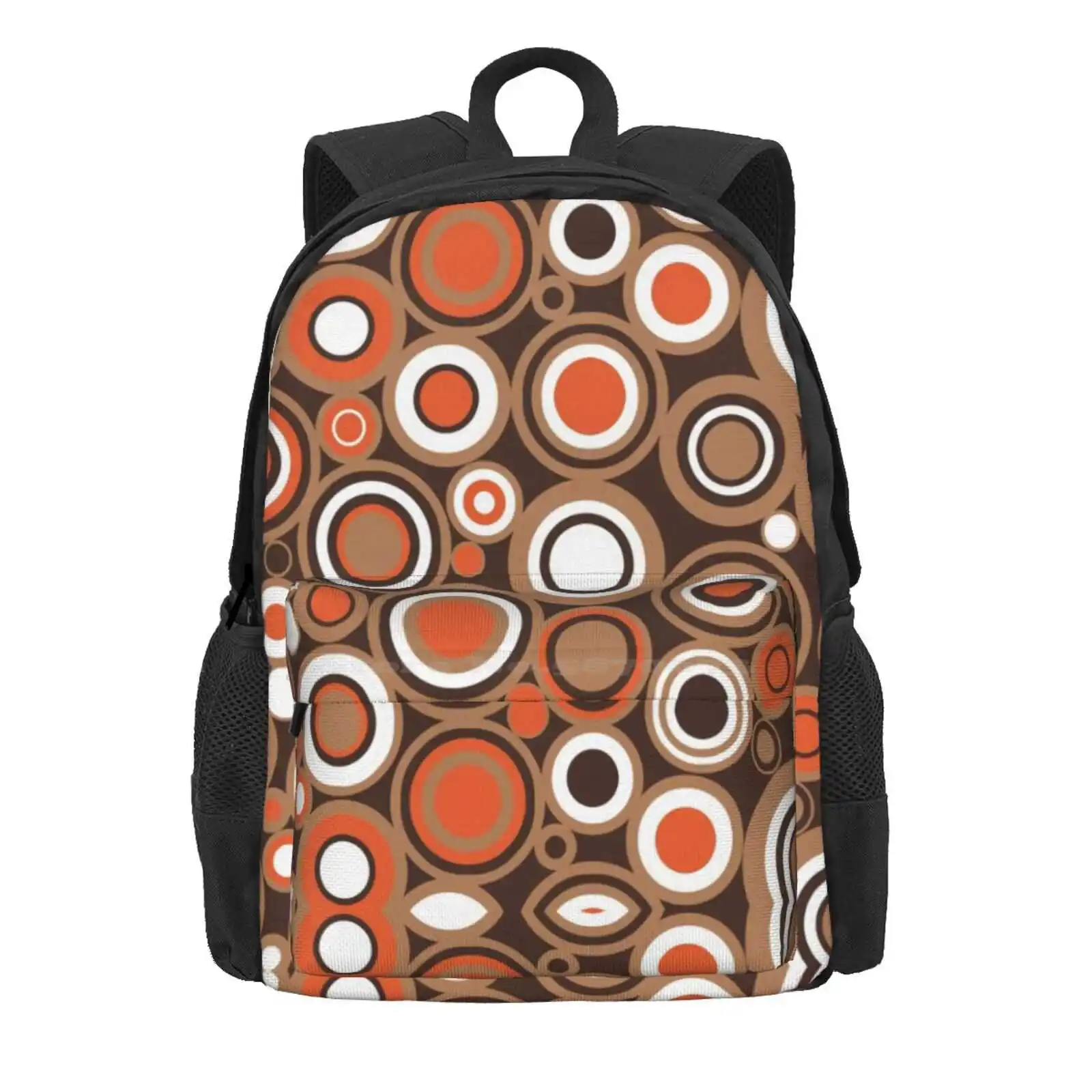 Orange, White And Brown Circle Retro Pattern Hot Sale Schoolbag Backpack Fashion Bags 1950S 1960S 1970S Funky Geometrical