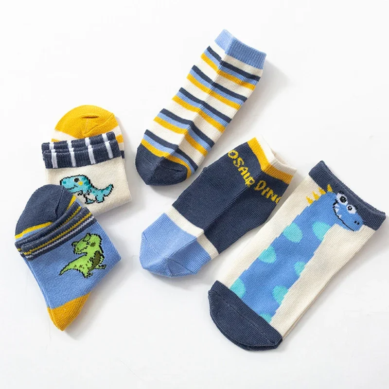5Pairs/Set Autumn Winter Kids Socks Cute Pink Heart Girl Warm Middle Tube Socks Stripe Dinosaur Elastic Casual Socks