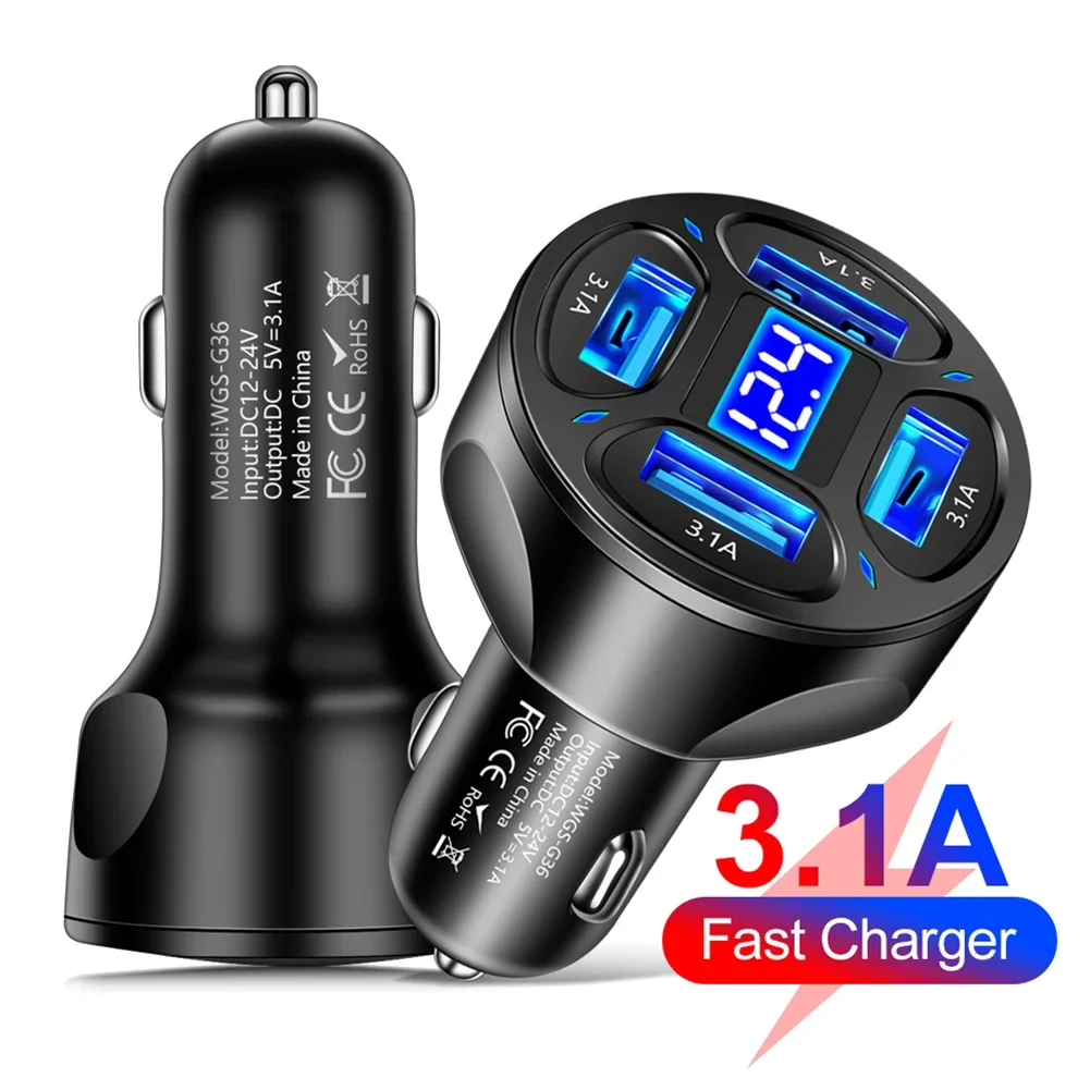 Cargador de coche de 4 puertos, adaptador de cargador de teléfono USB 3.1A de carga rápida, pantalla LED, cambiadores rápidos automáticos con luz