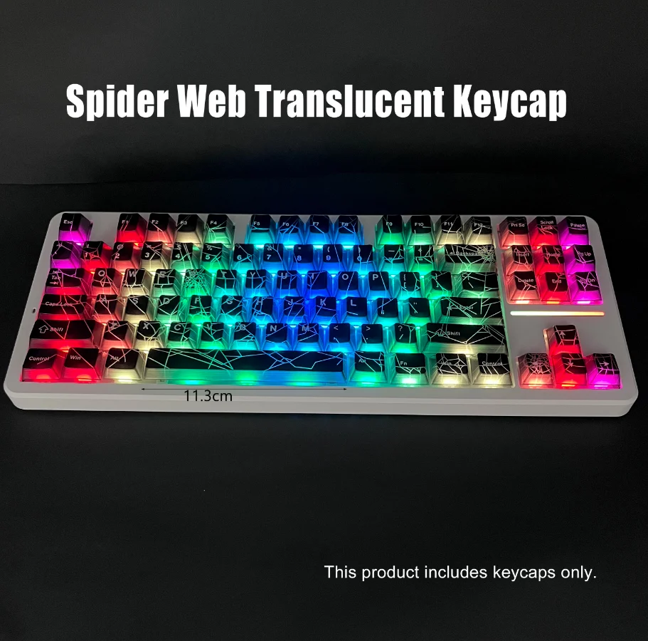 คีย์แคปใสรูปใยแมงมุม 120 ปุ่ม สีดำ วัสดุพีซีโปร่งแสง 4 ด้าน โปรไฟล์ OEM ใช้ได้กับคีย์บอร์ด 61/64/66/68 ปุ่ม