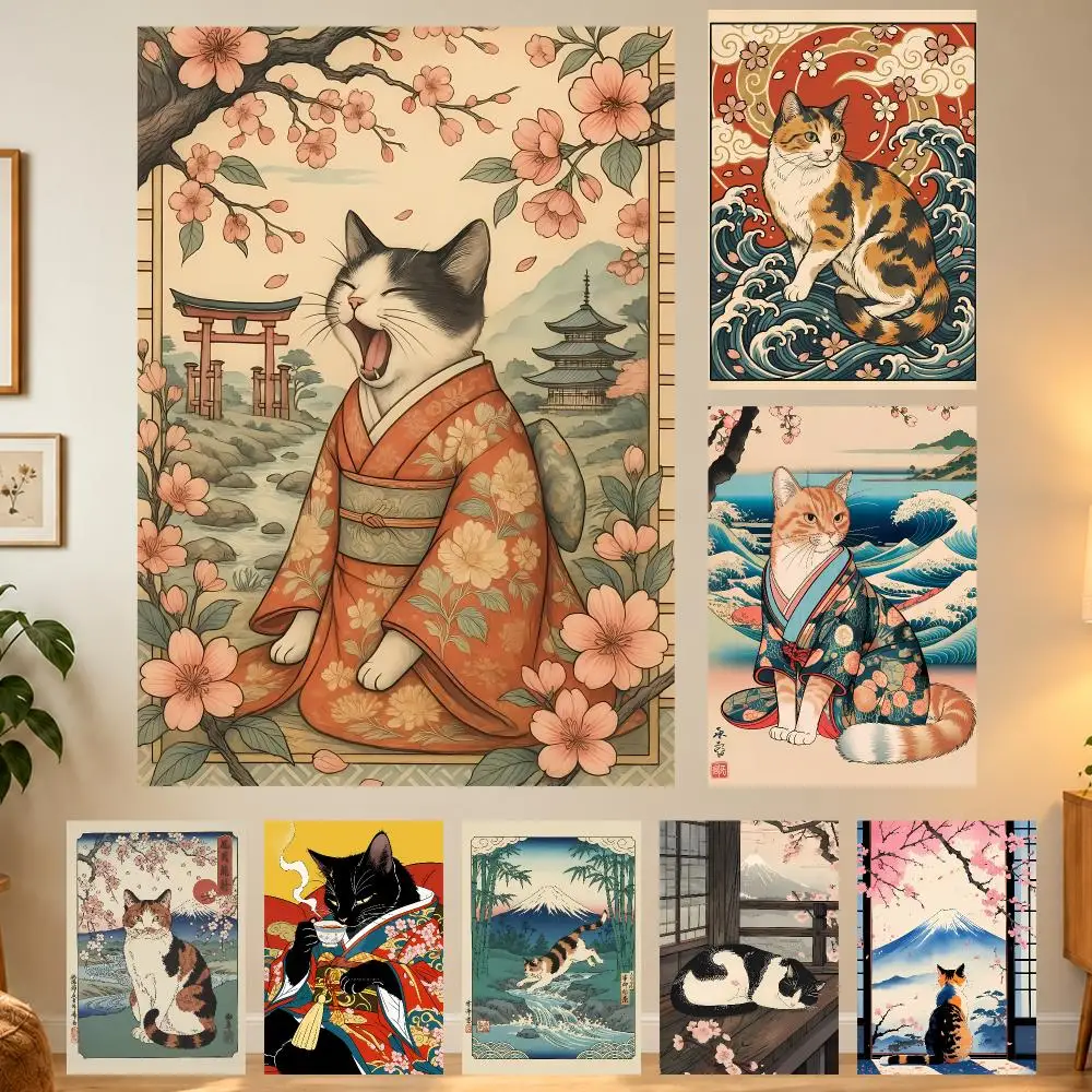 Whimsical Traditional Art Japanese Ukiyo E Cat Poster Home Wall Decor for Living Room Bedroom Office Aesthetic Room