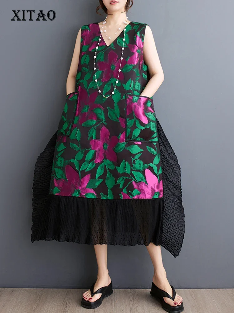 

XITAO V-neck Sleeveless Vest Dress Fashion Patchwork Contrast Color Slimming Temperament All-match 2025 New Dress HQQ2349