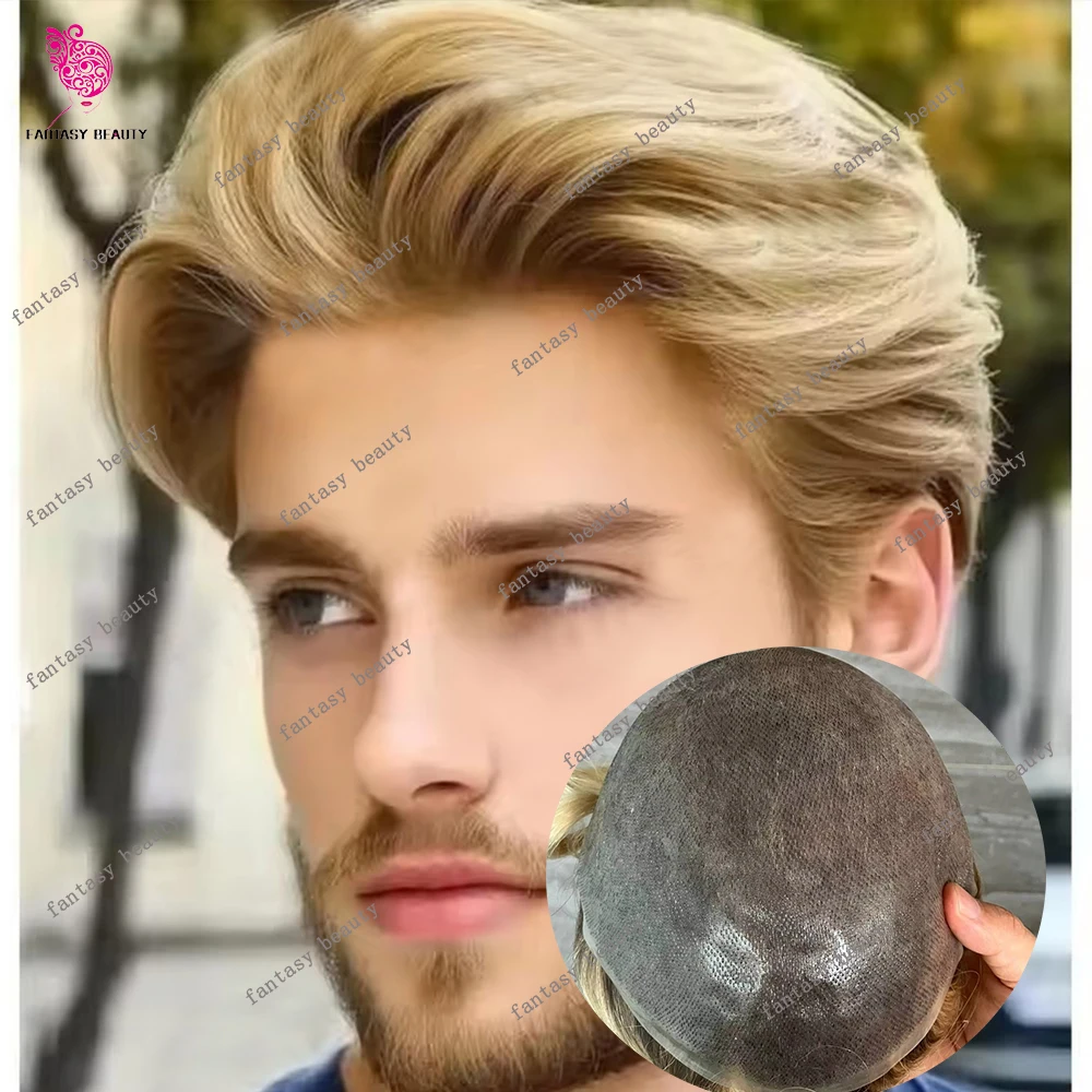 

# 4T613 Система капиллярного протезирования волос Ombre Blonde с естественной линией роста волос, 0.06 мм, микропластиковая основа, суперпрочная мужская система замещения волос, 100% натуральные человеческие волосы, парик-накладка