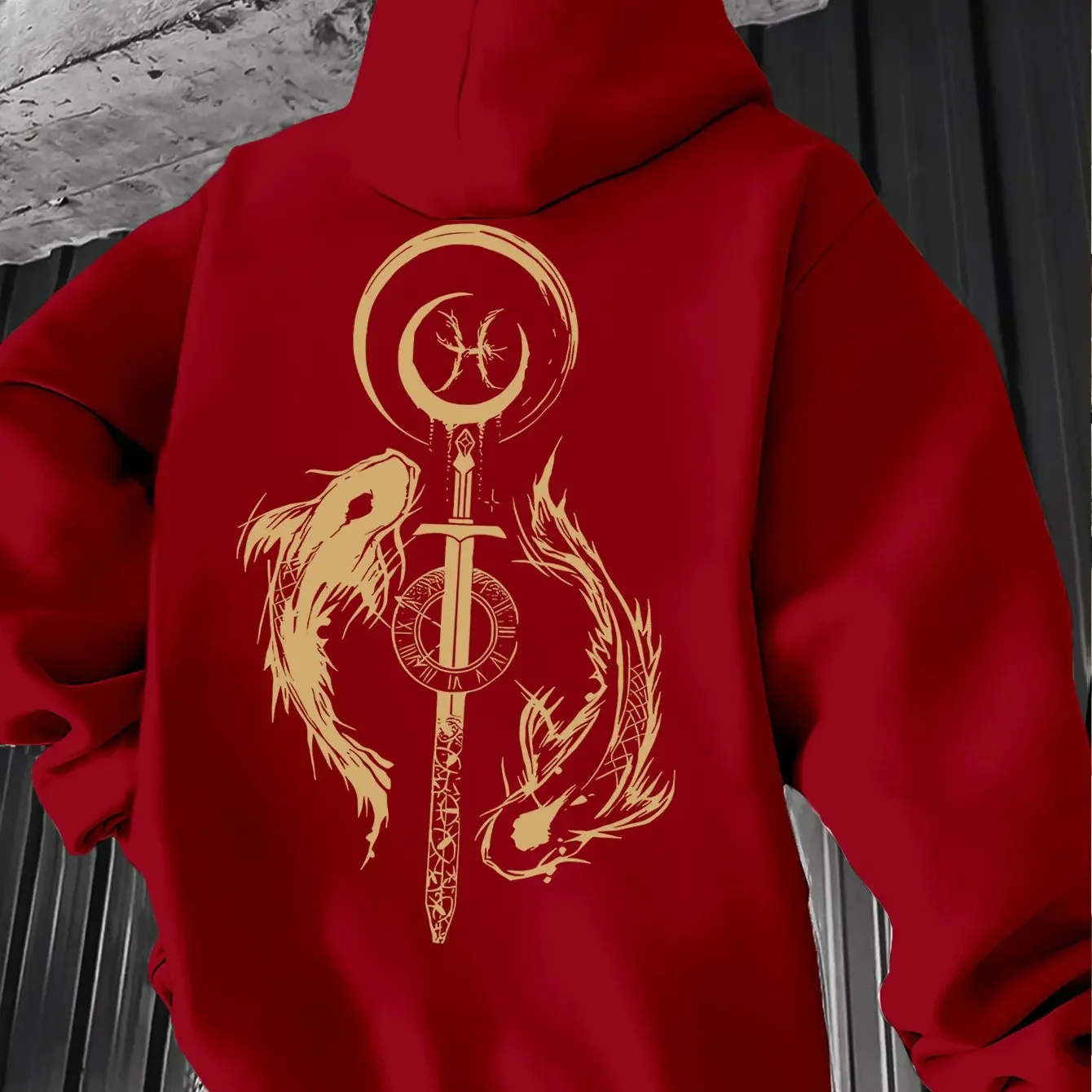 Men's Trendy Hoodie with Retro Sketch of a Dragon Sword Roman Numerals Clock and Pisces Print on the Back; Casual and Loose Fit.