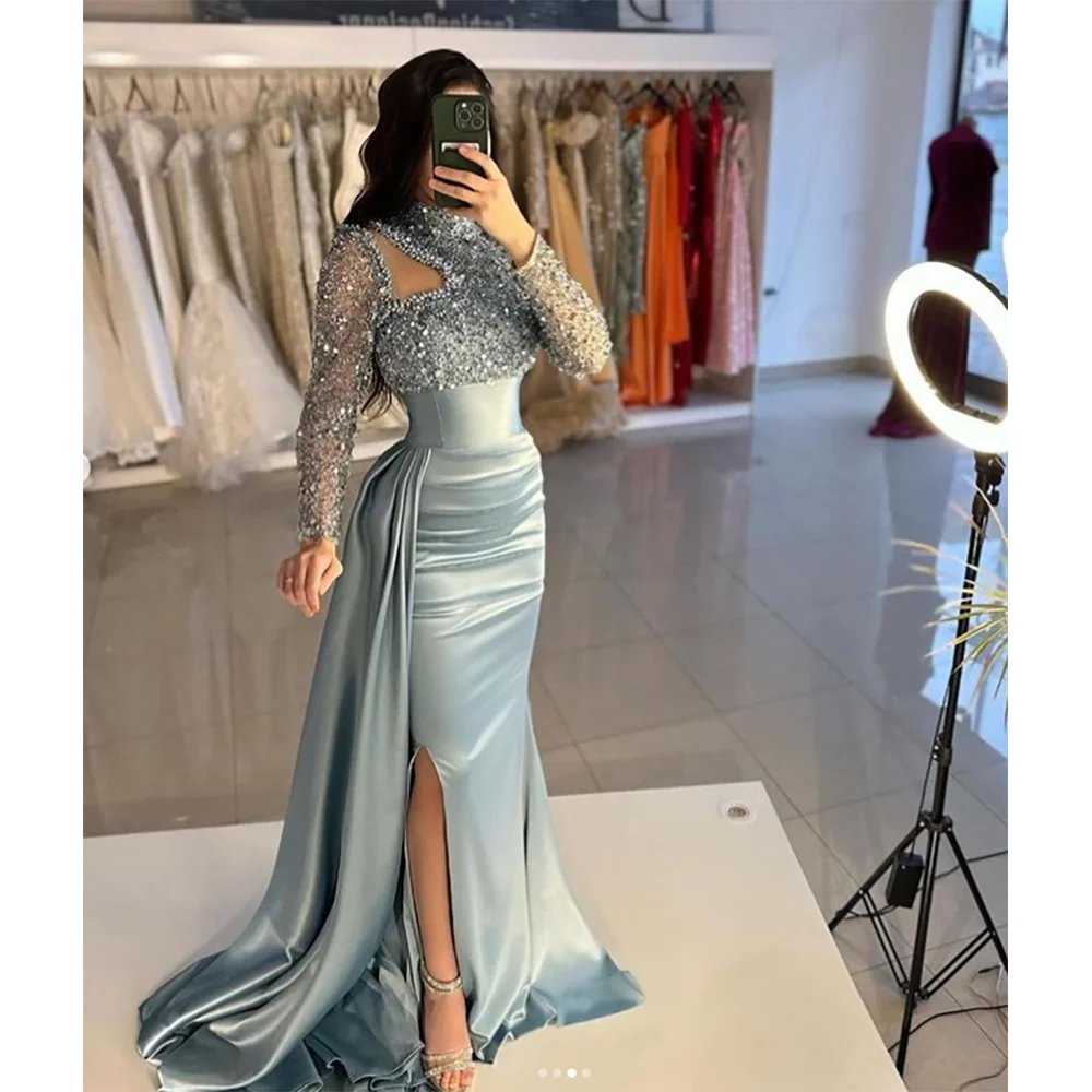 Elegant High Neck Long Sleeves Evening Dress New Fashion Female Formal Banquet Party Prom Gowns robes de soirรฉe