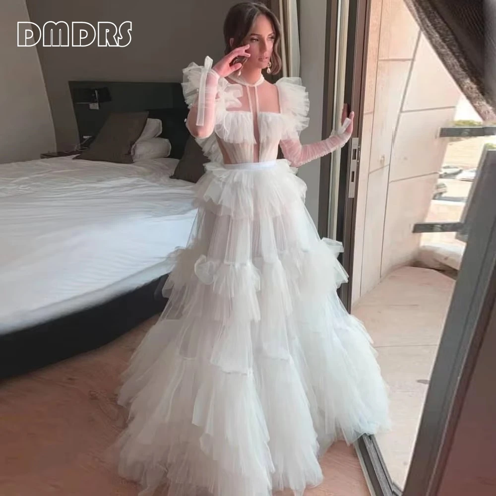 

Tiered Tulle Wedding Party Dress, Flare Sleeves, A Line Long Formal Prom Dresses, Customized Women Full Sleeves Evening Gown