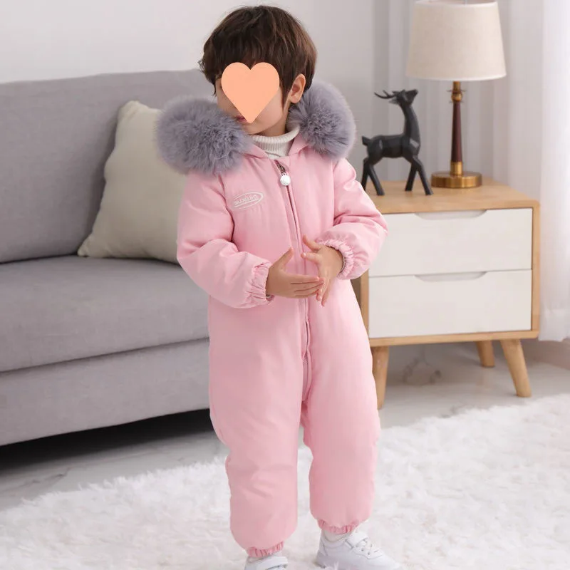 2024 Winter Baby Boy Romper Thickened Warm Hooded Children Jumpsuit Fashionable Outdoor Kids Girls Clothing Comfort Down Coat