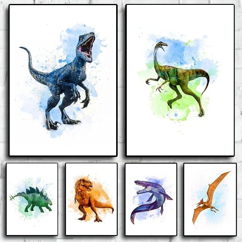 

Pop Watercolor Dinosaur Poster Aesthetic Tyrannosaurus Rex Pterosaur Colorful Kids Room Decor Canvas Print Wall Art Kindergarten