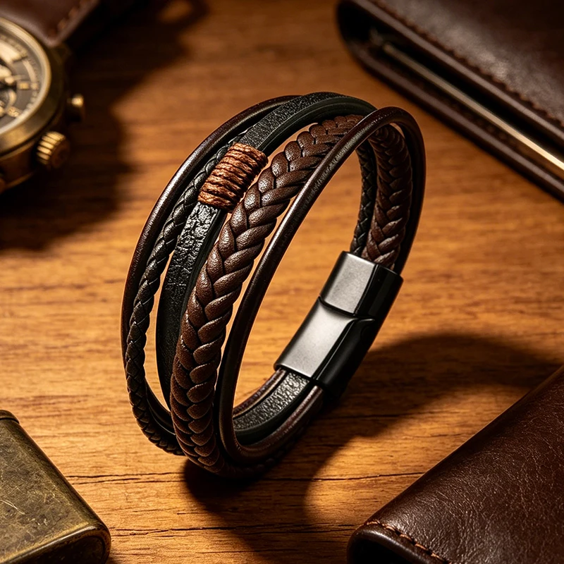 Herren-Armband aus Edelstahl, braun, mehrschichtig, geflochtenes Lederarmband, Magnetverschluss, Punk, lässiger Schmuck, Geschenk für den Freund